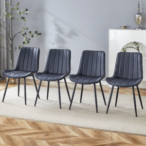 Extended Seat Cushion PU Black Dining Chair Set - Four Pieces,Ergonomic Design.Smooth line design,Integral metal leg structure,Can integrate well into various modern home decoration styles.