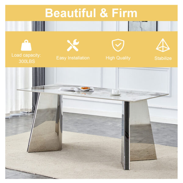 c82e2e23233f4539a6a7e9a179e39674_09e79443bcc52a1a9fb221209c024516 Table and chair set.63"x31.5x30" Luxurious Pandora patterned Sintered Stone Tabletop with Silver Stainless Steel Butterfly Legs.Paried With 4 Dark Gray High-quality PU Chairs With Arched Metal Legs.