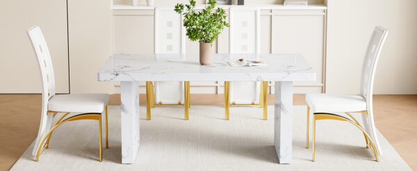 c82e96fb9a964d4595012bb1fc0024ab_db5e0ce57d1440620f93ec4deb626d15 Table and chair set.63"*35.4" White Imitation Marble Pattern MDF Dining Table Set - 4 PU Chair With White Saddleback, Geometric Pattern Backrest,Golden Curved Metal Leg.Suitable For Various Scenes.