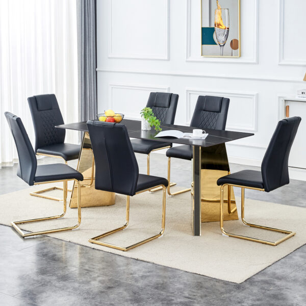 c832de999b0e42b4bb8edd79171d2ab3_323870d5fc46916306920f0a5860e460 Table and chair set.63"x31.5x30"Black Texture With Lines Patterned Sintered Stone Table with Golden Stainless Steel Butterfly Legs.Paried With 6 Black High-quality PU Chairs With Golden Metal Legs.
