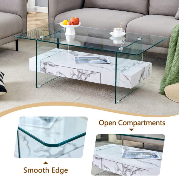 c835ce8eb59f42c89d011411a0ab2cdc_7068c52c10c9b411c418243fb272ea08 43.3 Inch Modern Two-Tier Coffee Table - Clear Tempered Glass and White Marble Texture, Multifunctional Storage Design.The bottom tier includes a drawer.Can be used as a coffee table,side table,etc.