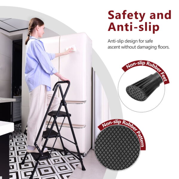 c8597c8f12744e9db349ddb08a0dee3e_35d6f7230027f4aae6da4b8b297c4c4f Four step ladder, lightweight folding four step stool, wide anti slip pedal and safety handle, sturdy steel ladder, multi-purpose step ladder, suitable for home, kitchen, and office elevators