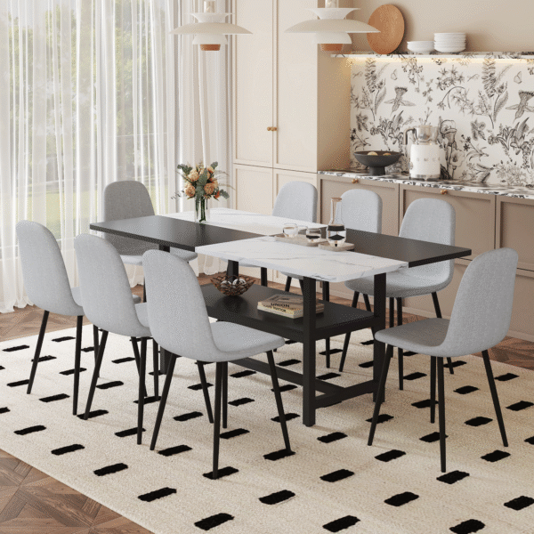 Table and chair set.71*35.4 inch White And Black Spliced Dining Table With Storage Function In The Middle Of The Table Legs.Paired With 8 Light Gray Linen Fabric Chairs.