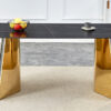 63"x31.5x30" Black Marble-Patterned Slab Dining Table with Golden Stainless Steel Butterfly Legs.The tabletop is designed to be scratch and heat resistant.Slabs Tabletop,Golden Stainless Steels Legs.