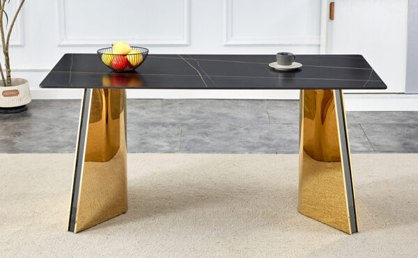 c8af376af21e4e2c8bb6897b46731b03_78baa22029ab62b81e896ad91c8c6bd1 63"x31.5x30" Black Marble-Patterned Slab Dining Table with Golden Stainless Steel Butterfly Legs.The tabletop is designed to be scratch and heat resistant.Slabs Tabletop,Golden Stainless Steels Legs.