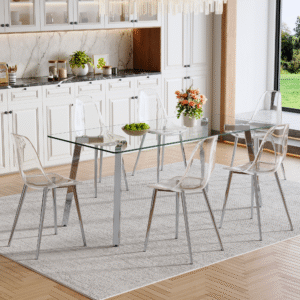 Table and chair set.71 * 35.4 inch rectangular dining table.Tempered Glass Tabletop,Silver 7-shaped Metal Table Legs.Paried With 6 Transparent Plastic Dining Chair with Silver Metal Legs.