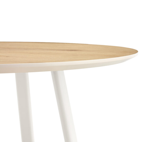 c8fdf62648df4a8a84cee9e7928a31c5_3f006f1eea651c7a22a7d619fa3d8350 A modern and minimalist circular dining table with a 42 inch diameter wood colorer patterned tabletop and white metal legs. Suitable for restaurants, living rooms, and conference rooms.