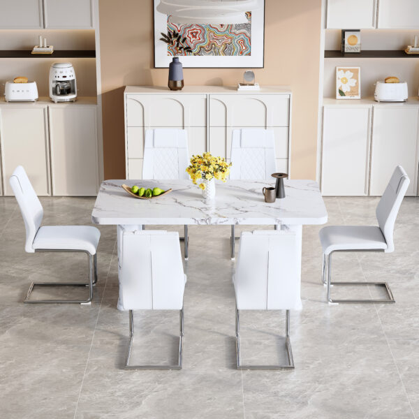 c9120b5824054dac920ed27ddf4a8167_b20963cb49c309e59f8597602d43654d Table and chair set.64.5 x 35.4 Inch Stylish White Marble Textured Dining Table,Perfectly Blending Simplicity And Transparency.Paried With 6 White High-quality PU Chairs With Arched Silver Metal Legs.