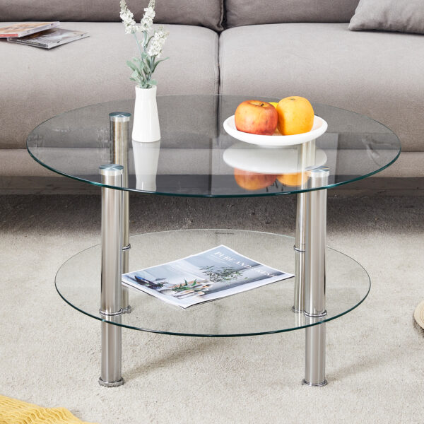 c917a89d0be345b991171a1be7fddb5b_c32e4e4de4c2790b55b8a4bf927be7bc Contemporary Minimalist Double Layer Tempered Glass Coffee Table - 27.5" Top and 23.6" Bottom.Reinforced Glass Tabletop,Stainless Steel Silver Plated Legs.