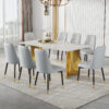 Table and chair set.The table has a glass top with imitation marble pattern stickers and stainless steel golden legs. Paried with chairs with PU artificial leather backrest cushions and black legs.
