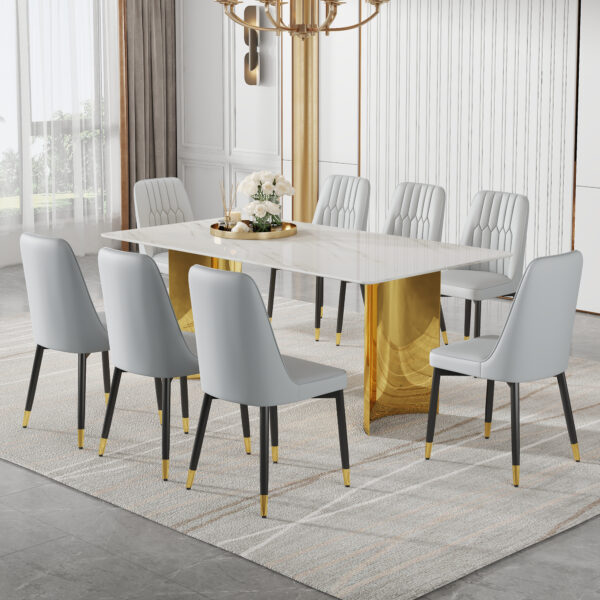 c928d9bb63ce4a01992e447bb7c3830a_d0cc4627c4538757bb8e851e902d13a9 Table and chair set.The table has a glass top with imitation marble pattern stickers and stainless steel golden legs. Paried with chairs with PU artificial leather backrest cushions and black legs.