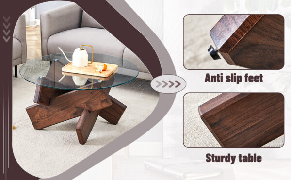 c946a158385446f3ae065314c5438ca6_e0e6313613eea71a08dec64a29854ddf Round glass coffee table, 33.4" modern design unique coffee table. Tempered glass top with Walnut colored texture sticker MDF legs. Suitable for living and dining rooms