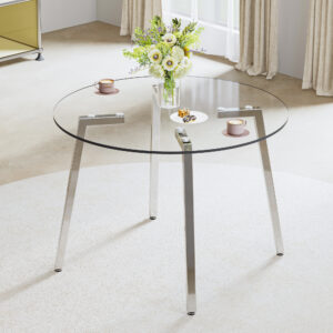 Modern minimalist style circular transparent tempered glass table, tempered glass tabletop, silver metal table legs, suitable for kitchen, dining room, and living room, 40 "* 40" * 29.5 "W1151S01226