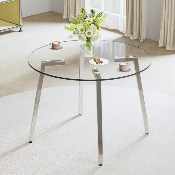 c959dbf6988443b2a4b84a708df55f57_20240306_d1ed2cb3f879685dbf61ff9298048ca2 Modern minimalist style circular transparent tempered glass table, tempered glass tabletop, silver metal table legs, suitable for kitchen, dining room, and living room, 40 "* 40" * 29.5 "W1151S01226