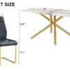 Table and chair set, large modern minimalist rectangular dining table, 0.39-inch imitation marble tabletop and golden metal legs, soft leather seats. F-1537