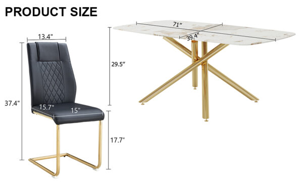c9731a1c0c70409cab41475bca66c8a9_64a692f6cbbc60c69f5be13135f6191a Table and chair set, large modern minimalist rectangular dining table, 0.39-inch imitation marble tabletop and golden metal legs, soft leather seats. F-1537