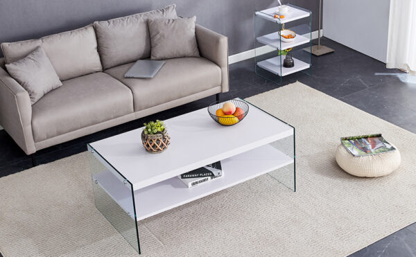 Three-tier bedside table and bunk coffee table set. Made of MDF with white stickers and clear tempered glass on both sides. The design is simple and elegant, with powerful storage functions
