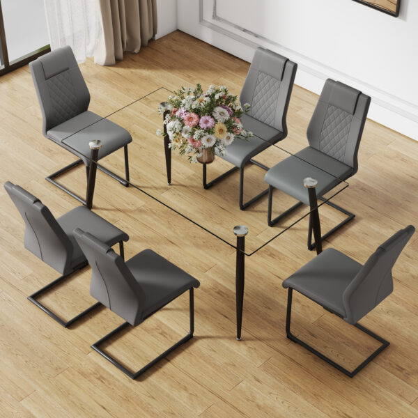 Modern minimalist rectangular transparent tempered glass dining table, 0.4 inches thick, black metal legs, suitable for kitchen, dining room, and living room 63 "* 35.4" * 30 " DT-1544