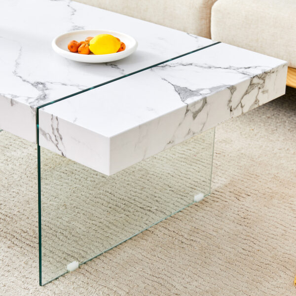 c9aac9a1a8de4ceb9847e7acfb79cc8e_46a30ab8bbbcd19e823c7f1e407636cd 43.3"x23.6" White Marble-Patterned MDF Coffee Table with Tempered glass legs.Suitable for Living Room.It can be used not only as a coffee table but also as a side table or display stand.