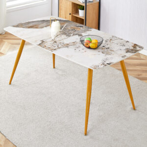 Modern minimalist dining table. White imitation marble pattern SINTERED STONE desktop with golden metal legs.62.2"*34.6"*30" F-001