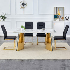 Table and chair set.63"x31.5x30" Luxurious Cold Jade Patterned Sintered Stone Dining Table with Golden Stainless Steel Butterfly Legs.Paried With 4 Black High-quality PU Chairs With Arched Metal Legs.