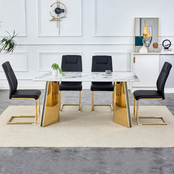 c9e7c3291b92441b971403c6b5c98d72_47b402c84284d2a7a621a71a8abeab25 Table and chair set.63"x31.5x30" Luxurious Cold Jade Patterned Sintered Stone Dining Table with Golden Stainless Steel Butterfly Legs.Paried With 4 Black High-quality PU Chairs With Arched Metal Legs.