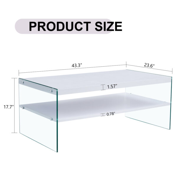 Double rectangular coffee table. The board surface is MDF, with white stickers, and both sides are transparent tempered glass. Suitable for living room, bedroom and other occasions.