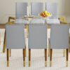 Table and chair set.71 * 35.4 inch rectangular dining table.Tempered Glass Tabletop,Golden 7-shaped Metal Table Legs.Paried With 8 Light Gray PU dining chairs, Golden Metal Legs.Simple and versatile.