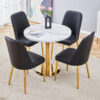 Table and chair set.31.5 Inch Elegant White Marble Pattern Round Dining Table - Suction Molding Annular Texture.Paired With 4 Black PU Chairs with Simple Line Designs On The Backrest.