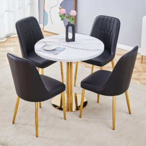 Table and chair set.31.5 Inch Elegant White Marble Pattern Round Dining Table - Suction Molding Annular Texture.Paired With 4 Black PU Chairs with Simple Line Designs On The Backrest.