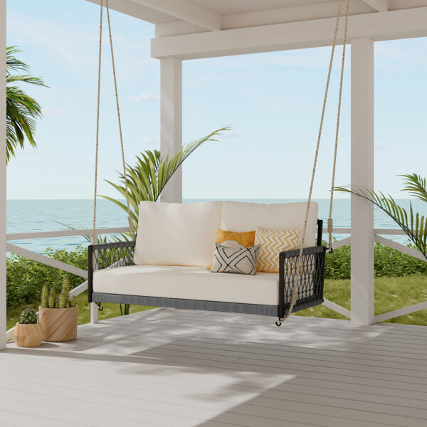 TREXM 1-Piece Woven Rope Outdoor Swing Sofa with Soft Cushions Seating 2 for Patio, Courtyard and Balcony (Beige)