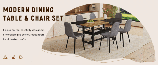 Table and chair set.71*35.4 inch Wooden And Black Spliced Dining Table With Storage Function In The Middle Of The Table Legs.Paired With 6 Chairs Made Of Dark Gray Lnen Fabric.Iron pipe spraying Legs.