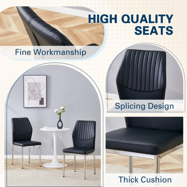 ca5a30e2ba0e4eab8ee116d02ba30253_4d6e16a83b79c172e718a17267309fe7 Luxury Simple Chair - Set of 6 BLACK PU Material High Resilience Dining Chair with Metal Silver Leg.The Chair Back Has a Vertical Stripe Design With Smooth And Uniform Lines.