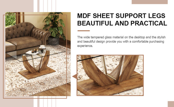 ca7af487a3084f51937d3f690cfab578_20240321_88426e90bbcc284e40800d04b3832e03 Modern minimalist transparent tempered glass coffee table with wooden MDF legs and stainless steel decorative columns. Computer desk. Game table. CT-907