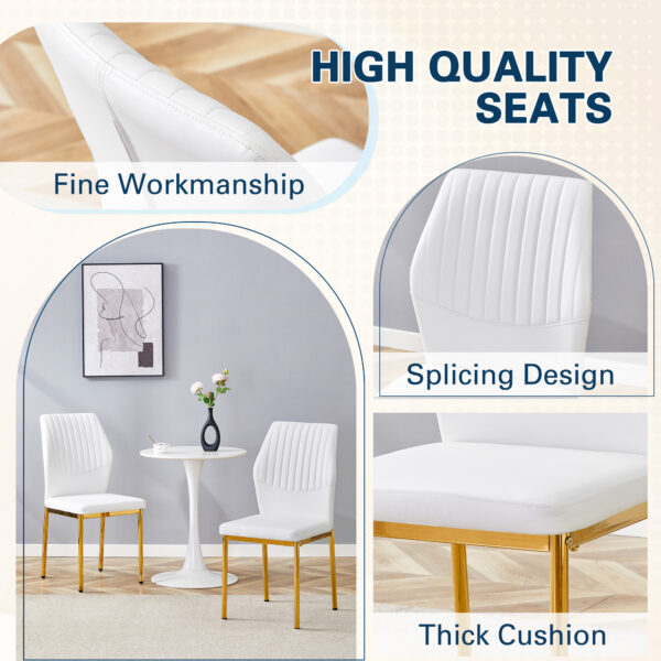 ca90d6638f204dd899c40410d7f3506c_2b3b923f45b43e9c193b2d09d545d1e9 Luxury Simple Chair - Set of 4 White PU Material High Resilience Dining Chair with Metal Gold Leg.The Chair Back Has a Vertical Stripe Design With Smooth And Uniform Lines.