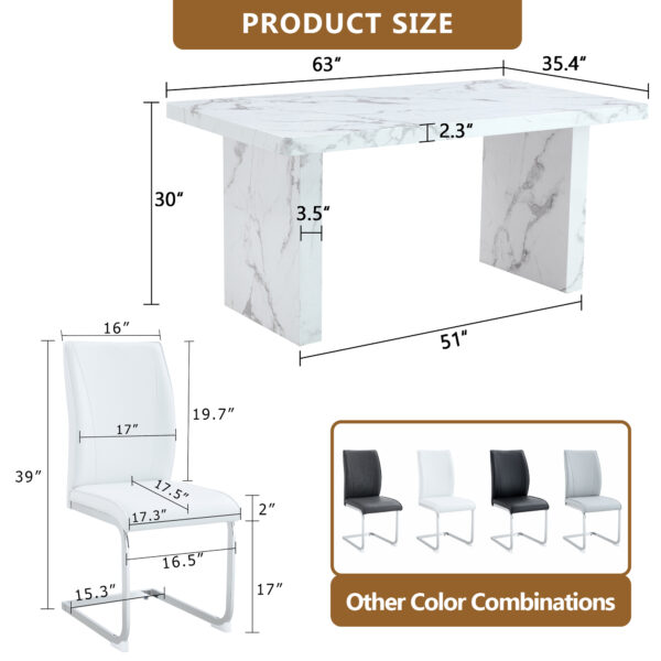 ca9890f218b44e589e11c78c63a5a4fc_556bfb11ba97115d2e47db47222a485b Table and chair set.63"*35.4" White Imitation Marble Pattern MDF Dining Table Set - 4 Soft and Comfortable White PU Chair With Arched Metal Silver Leg.Create Your Exclusive Low-Key Luxury Space.