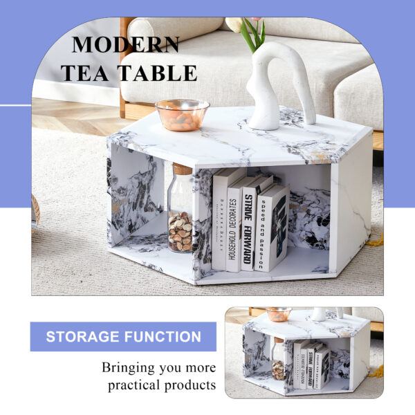 cab2098925184ce6a892dc2ff78e3f65_387937e22f34b6d0c3c4177308d16b74 Minimalist white patterns hexagonal Coffee Table Set.Hexagonal MDF coffee table, characteristic pattern stickers, multi-hole design to give more storage space.Two coffee tables of different sizes.