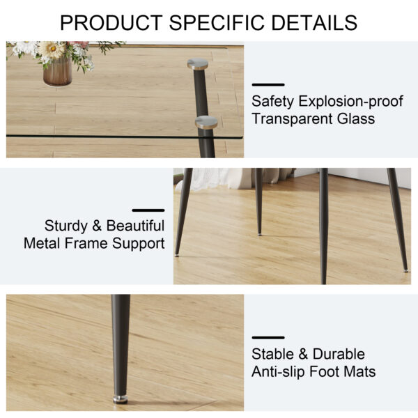 caba882e7df94a66a5f8f422a36afb75_20240319_c486e4979c3559463b375a32393f3b73 Modern rectangular glass dining table, suitable for 4-6 people, equipped with tempered glass tabletop and black metal legs, writing desk, suitable for kitchen, dining room, and living room.W1151S00805