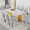 Table and chair set.The table has a glass top with imitation marble pattern stickers and stainless steel golden legs. Paried with chairs with PU artificial leather backrest cushions and black legs.