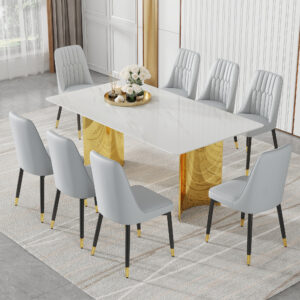 Table and chair set.The table has a glass top with imitation marble pattern stickers and stainless steel golden legs. Paried with chairs with PU artificial leather backrest cushions and black legs.
