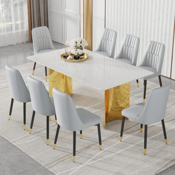 cadafef6c0474aff9e4c5a66c70e6f39_c457d20fb28ebca81f58bf7d4f2aaec4 Table and chair set.The table has a glass top with imitation marble pattern stickers and stainless steel golden legs. Paried with chairs with PU artificial leather backrest cushions and black legs.