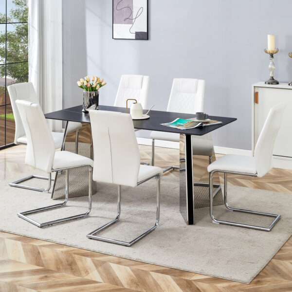 caf08da0894c4a578e7e1da6a768cb81_5fcb6ed2e86f250694d2849fe1d96ee7 Table and chair set.63"x31.5x30" Black Marble-Patterned Slabs Tabletop with Stainless Steel Butterfly Legs.Paried with 6 White high-quality PU chairs with silver metal legs.