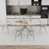 Table and chair set.Modern Luxurious white Marble-Patterned Tempered Glass Dining Table with 6 Transparent Plastic Chairs with silver legs.Single fork silver metal table legs.