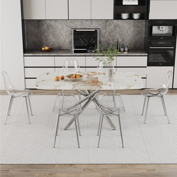 cb0c117c578d49b0ab852833de64cf88_e20d2eeda80548dbdd494f7d34331916 Table and chair set.Modern Luxurious white Marble-Patterned Tempered Glass Dining Table with 6 Transparent Plastic Chairs with silver legs.Single fork silver metal table legs.