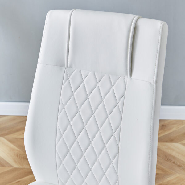 cb1a71ca84dc479cbd043a3305d8717b_2b9636d77df052b02d07fa8faf4fa92c Table and chair set.63"x31.5x30" Luxurious Snow Mountain Patterned Sintered Stone Table with Silver Stainless Steel Butterfly Legs.Paried With 6 White High-quality PU Chairs With Arched Metal Legs.
