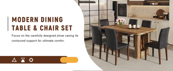 cb2307cb33e2468ea5268efe980d8c55_4dac82f09cc250ce8e4a1f56129fccbe Table and chair set.64.5 x 35.4 Inch Stylish Wood Color Textured Dining Table.Perfectly Blending Simplicity And Transparency.Paried With 6 Black PU Dining Chairs with Walnut Color Metal Leg.
