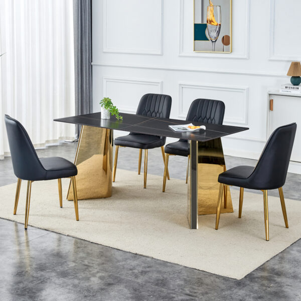 cb2d957f789b41b0832135dd5c7a22fe_80c5b6420abb49ec5be75df2caac5c59 Table and chair set.63"x31.5x30"Black Texture With Lines Patterned Sintered Stone Table with Golden Stainless Steel Legs.Paried With 4 Black PU Chairs with Simple Line Designs On The Backrest.