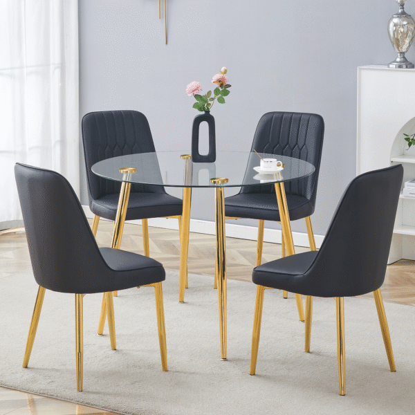Table and chair set.A 42 Inch Diameter Modern Minimalist Round Dining Table With Transparent Tempered Glass top And Golden Metal Legs,4 Black Chairs With PU Backrest And Seat Cushion.