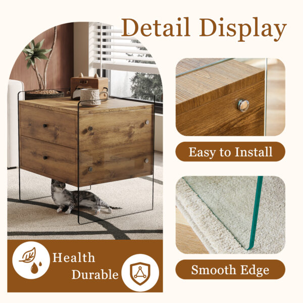 cb38c87b74b7467a8ac3956e20f39891_133ff30386b7d2a6d06e605fda5d919d Double-drawer bedside table. The board surface is MDF sticker, and both sides are transparent tempered glass. The design is simple and elegant, with excellent storage functions.
