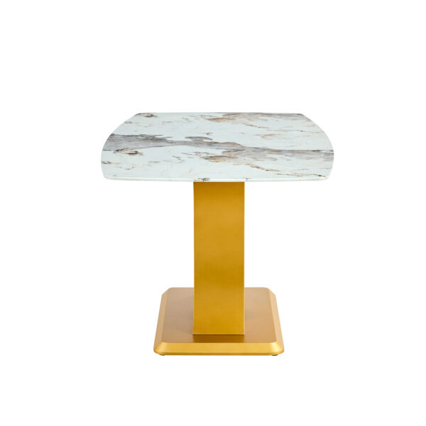 cbaca0e5e0a14ae49adcbbd59eaebc2e_08417a807a2d349d04fde2b7201e630f A modern minimalist dining table. Imitation marbled glass tabletop. Gold MDF table legs for kitchen and living room